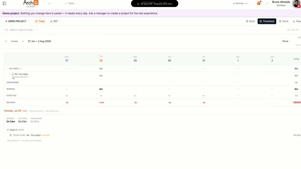 ArchG Clock — weekly timesheet